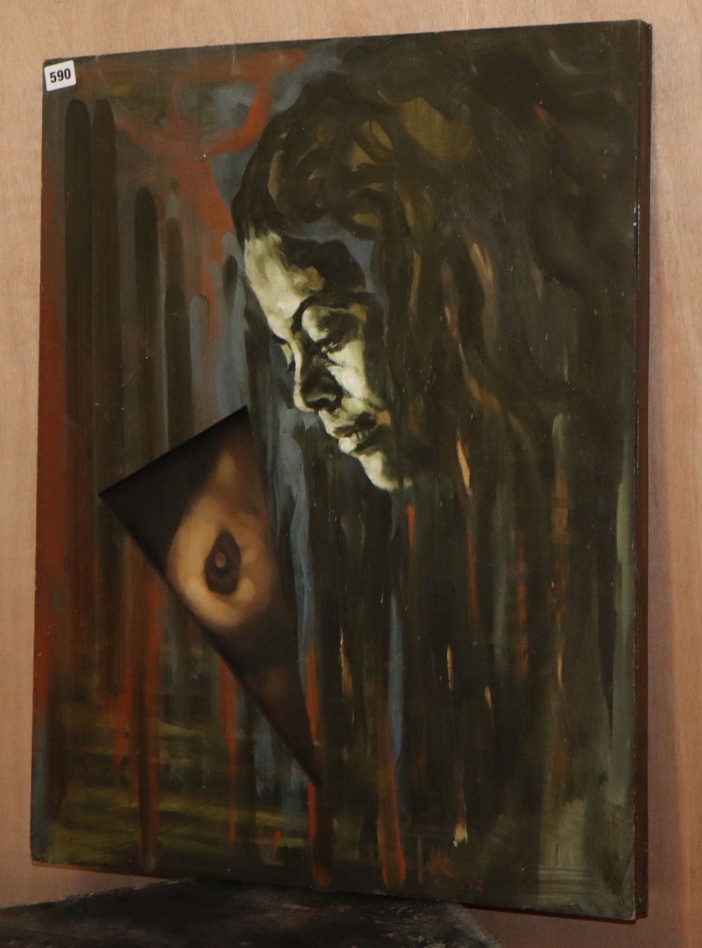 Modern British, oil on two tiers of hardboard, Face study with exposed breast, monogrammed and dated 92, 72 x 57cm, unframed